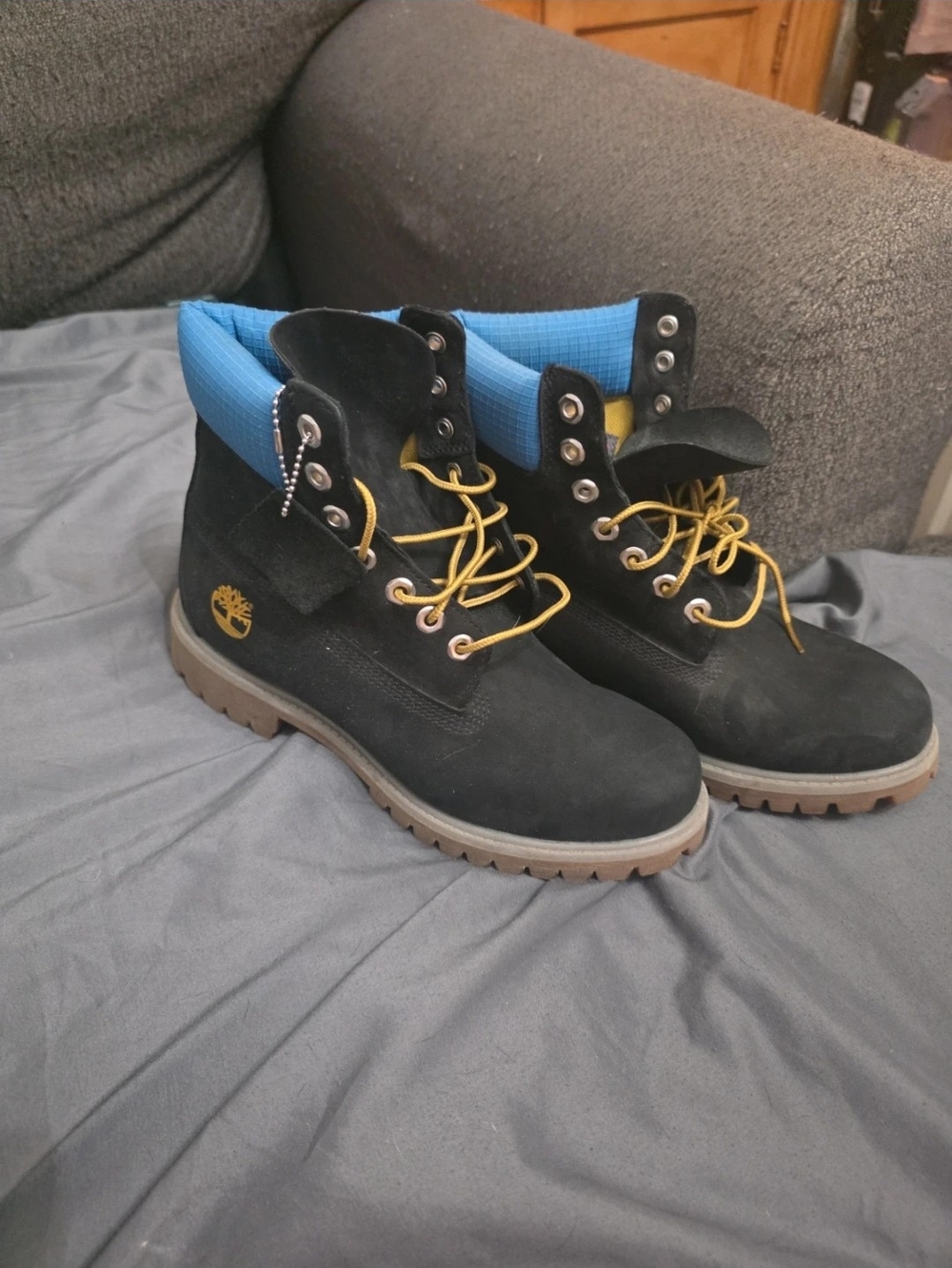 Timberland Black Nubuck Boots with Blue Collar and Yellow Laces
